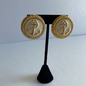 Vintage Cream and Gold Large Anchor Clip-On Earrings
